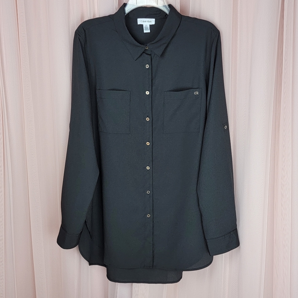Calvin Klein Tunic Style Black Shirt Blouse Size L